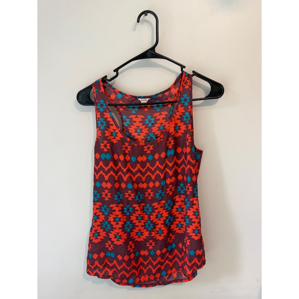 Fossil Womens Racerback Tank Top XS Geometric Southwestern Print Orange Teal